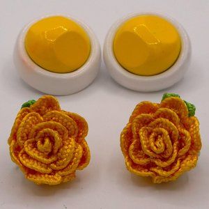 Vintage Group of White Yellow & Green Crochet Flower and Abstract Clip-on Studs